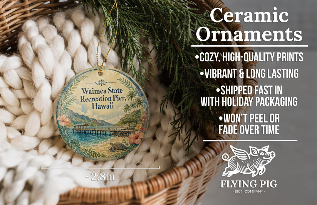 Ceramic ornaments, featuring a round ornament with a tropical beach scene and a pine tree, hanging in a woven basket.