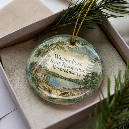 A decorative ornament in a box, featuring a scenic landscape with a pond, trees, and a cabin.