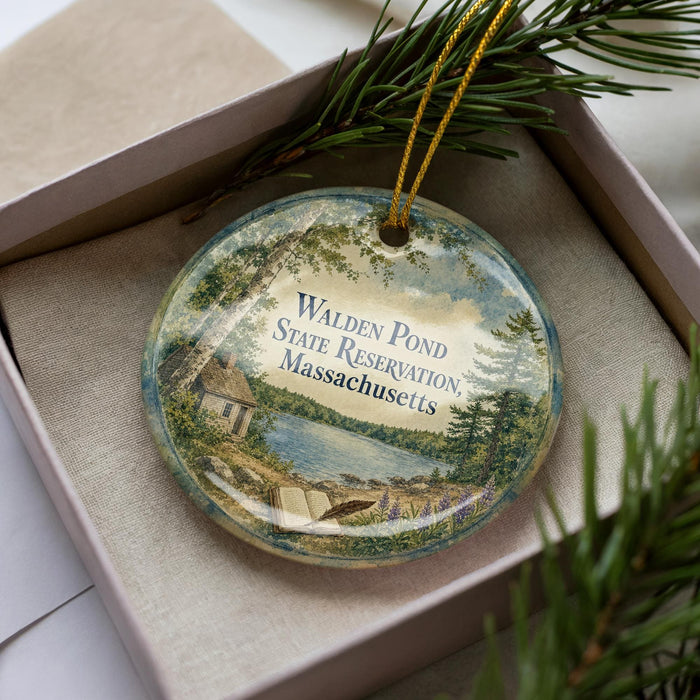 A decorative ornament in a box, featuring a scenic landscape with a pond, trees, and a cabin.