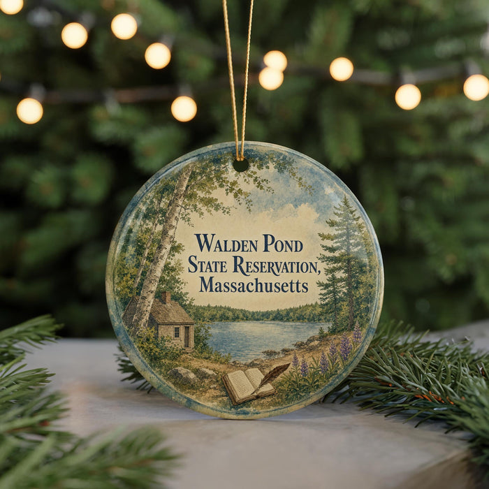 A round ornament with a scenic landscape of Walden Pond, featuring a cabin and trees, is displayed in front of a blurred background with Christmas lights.