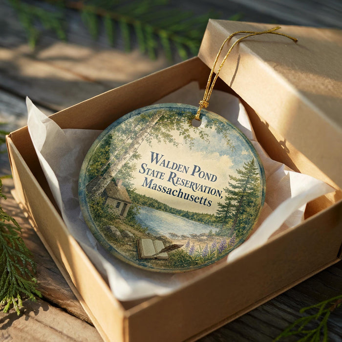 A round ornament in a box, featuring a scenic landscape with a pond, trees, and a cabin, is displayed on a wooden surface.