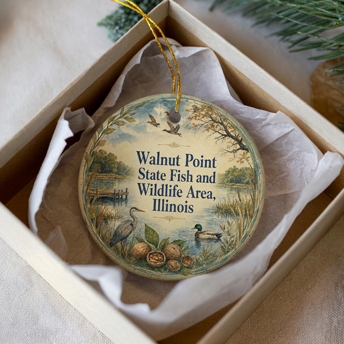 A decorative ornament in a white box, featuring a scenic landscape with a lake, trees, and wildlife.