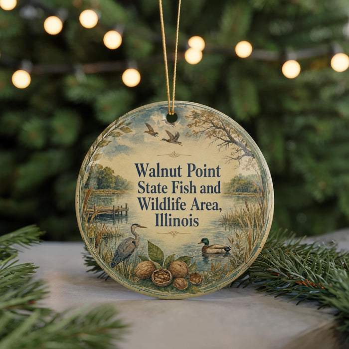 A round ornament with a scenic image of walnuts, ducks, and a lake, along with text that reads "Walnut Point State Fish and Wildlife Area, Illinois".