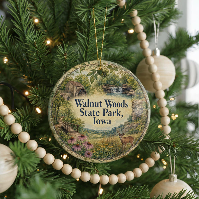 A round ornament hanging on a Christmas tree, featuring a scenic image of Walnut Woods State Park, Iowa.