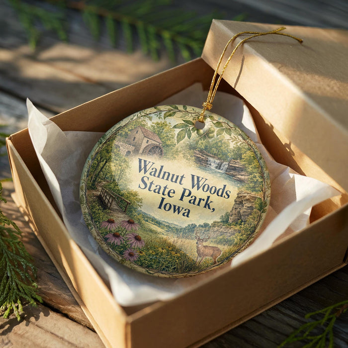 A decorative ornament in a wooden box, featuring a scenic landscape with a river, trees, and wildlife.