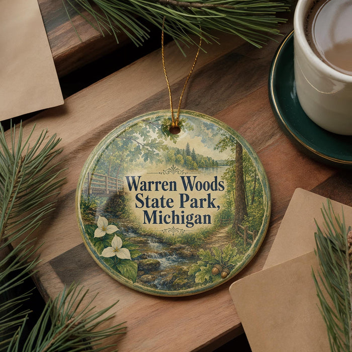 A circular ornament with a painting of a forest scene hangs on a wooden surface, surrounded by pine branches and a cup of coffee.