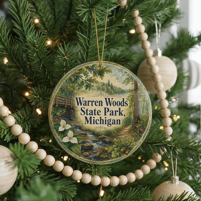 A circular ornament hanging on a Christmas tree, featuring a scenic image of Warren Woods State Park in Michigan.