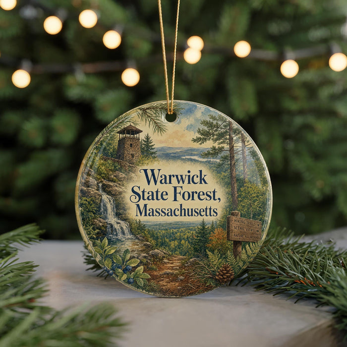 A round ornament with a scenic forest landscape and a lighthouse in the background, hanging on a string.