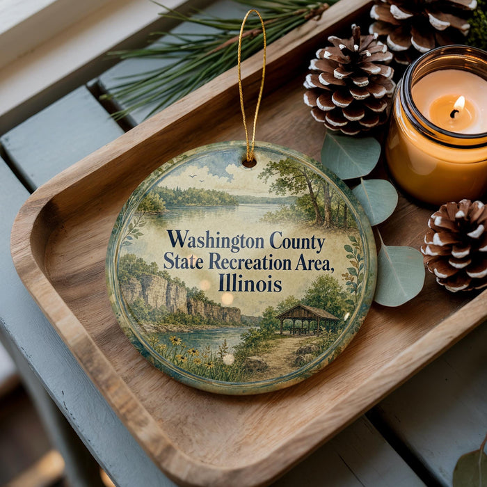 A decorative ornament with a scenic landscape of Washington County, Illinois, featuring a lake, mountains, and a cabin, is displayed on a wooden tray alongside pine cones and a lit candle.