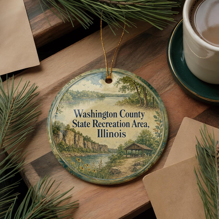 A decorative ornament with a scenic landscape of Washington County, Illinois, featuring a lake, mountains, and a gazebo, is displayed on a wooden surface alongside a cup of coffee and some pine branches.