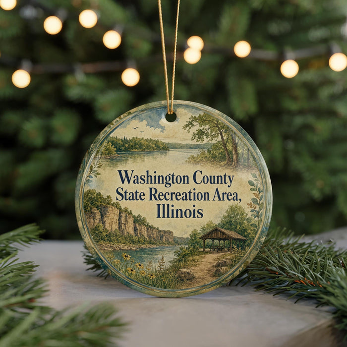 A circular ornament with a scenic landscape of Washington County, Illinois, featuring a river, mountains, and a gazebo.