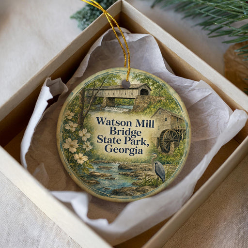 A round ornament with a painting of a bridge and flowers, placed in a box with a white tissue paper lining.