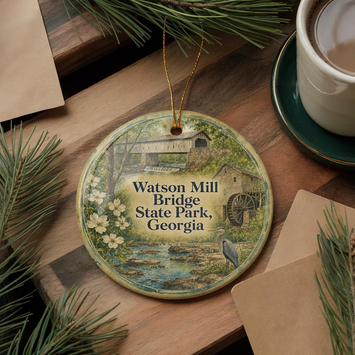 A round ornament with a painting of a bridge and a river, surrounded by pine branches and a cup of coffee on a wooden surface.