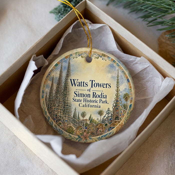 A decorative ornament in a white box, featuring an illustration of the Watts Towers in California.