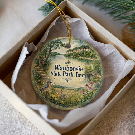 A decorative ornament in a box, featuring a scenic landscape with a bird, flowers, and a body of water.