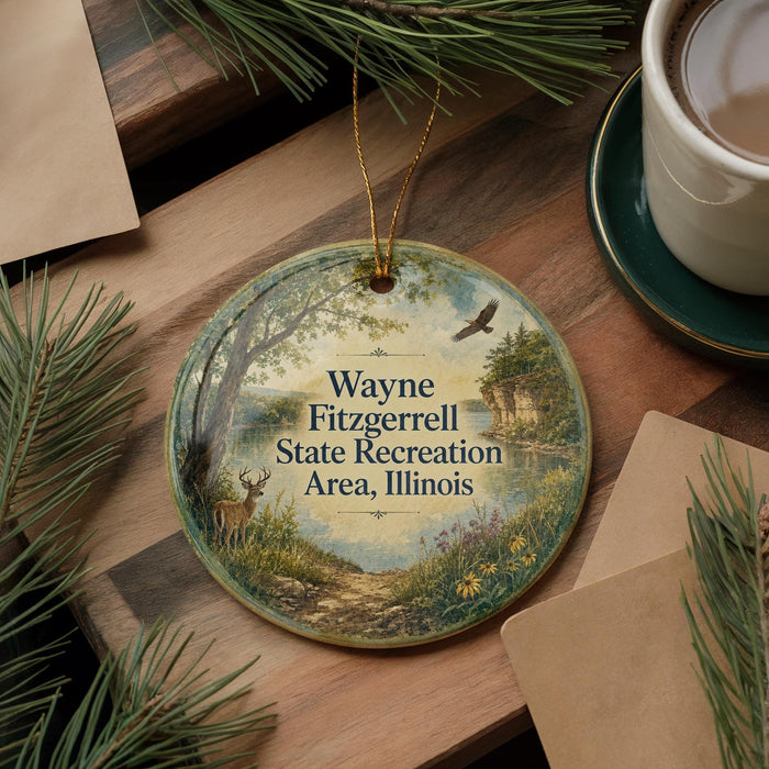 A round ornament with a scenic landscape featuring a deer, a bird, and a path, hanging on a wooden surface.