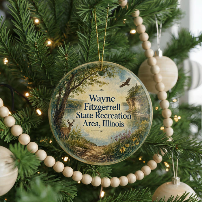 A round ornament hanging on a Christmas tree, featuring a scenic landscape with a deer and a bird in flight.