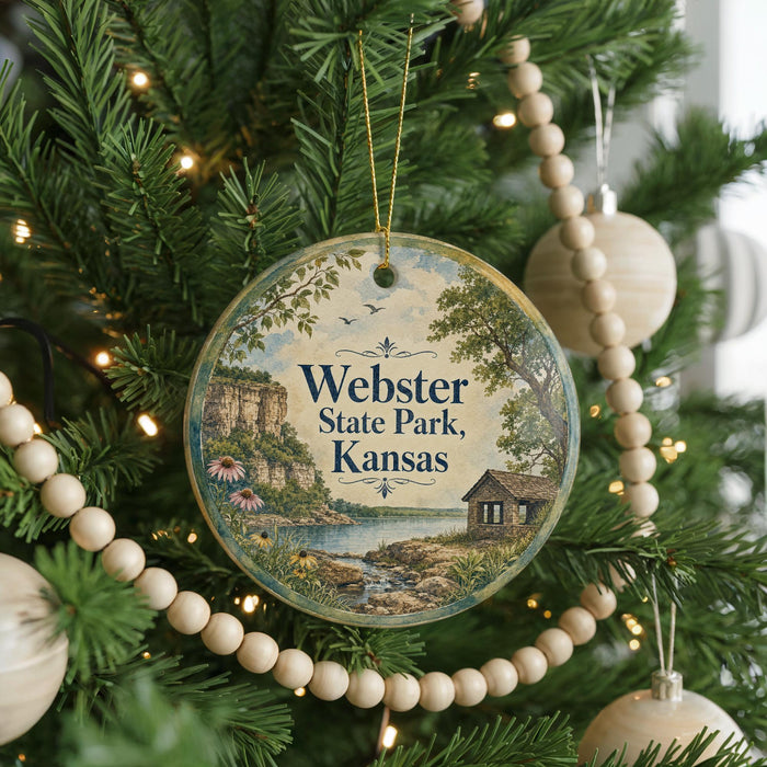 A round ornament hanging on a Christmas tree, featuring a scenic landscape with a river, trees, and a cabin.