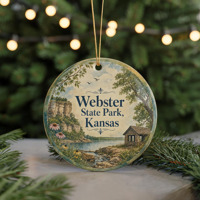 A round ornament with a scenic landscape of Webster State Park, Kansas, featuring a cabin, trees, and a river.