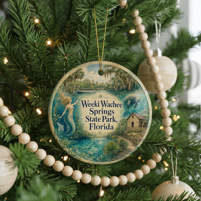 A round ornament hanging on a Christmas tree, featuring a mermaid and a house surrounded by palm trees.