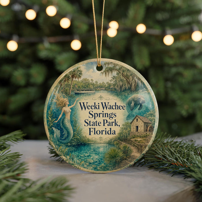 A round ornament featuring a mermaid and a serene landscape, with the text "Weeki Wachee Springs State Park, Florida" displayed prominently.