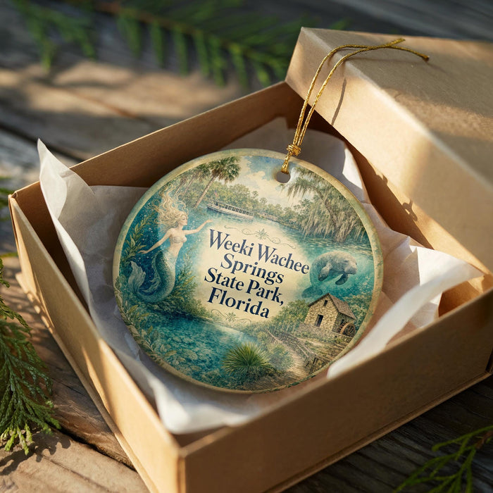 A decorative ornament in a box, featuring a mermaid and a tropical landscape, with the text "Weeki Wachee Springs State Park, Florida" printed on it.