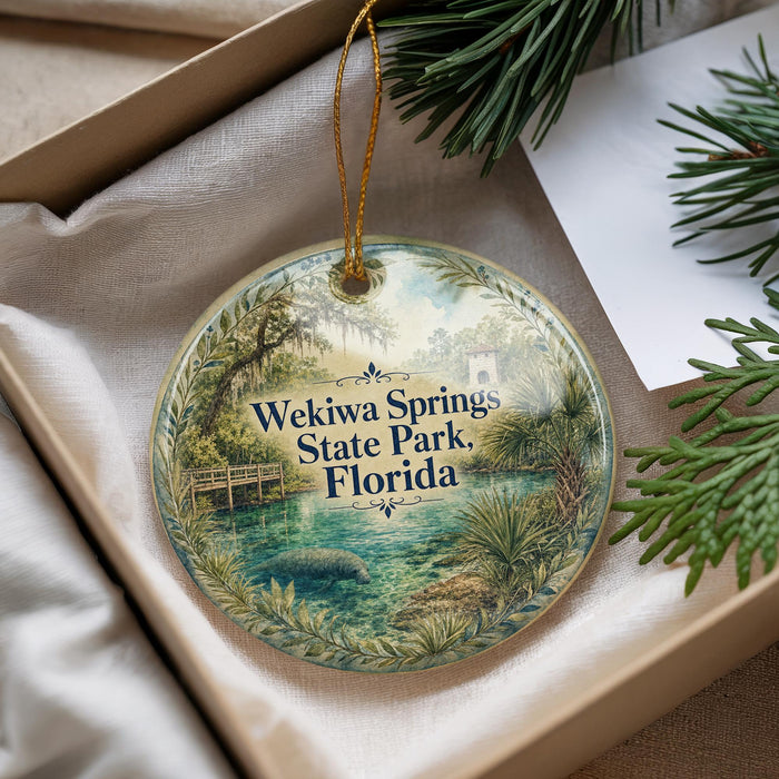 A decorative ornament with a scenic image of Wekiva Springs State Park, Florida, hanging from a string.
