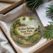 A round ornament with a scenic image of Weldon Springs State Park, Illinois, hanging from a string.