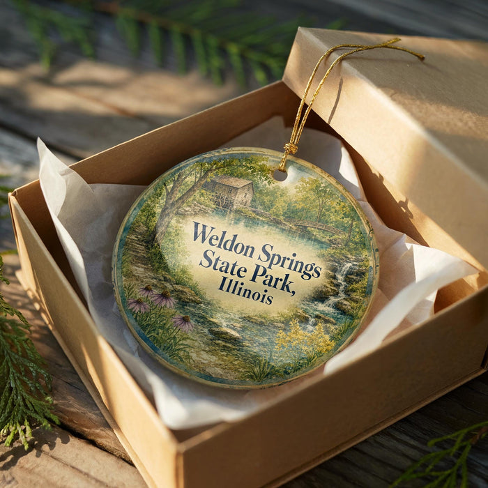 A round ornament in a box, featuring a scenic landscape with a house and trees, is displayed on a wooden surface.