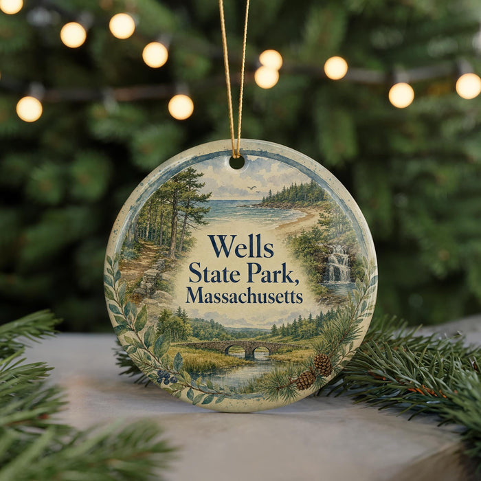 A round ornament with a scenic landscape of Wells State Park, Massachusetts, featuring a bridge, pine trees, and a waterfall.