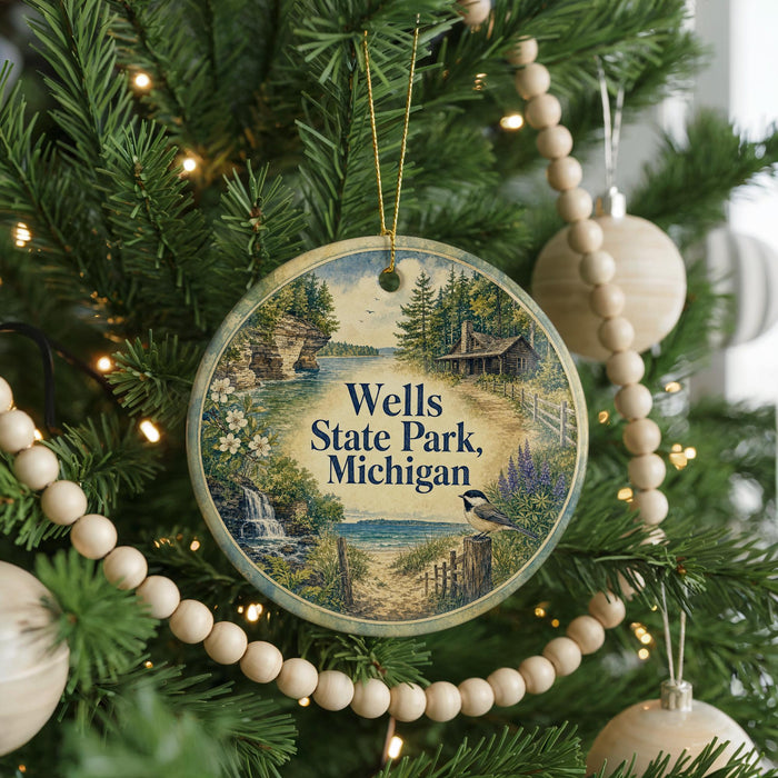 A round ornament hanging on a Christmas tree, featuring a scenic image of Wells State Park, Michigan.