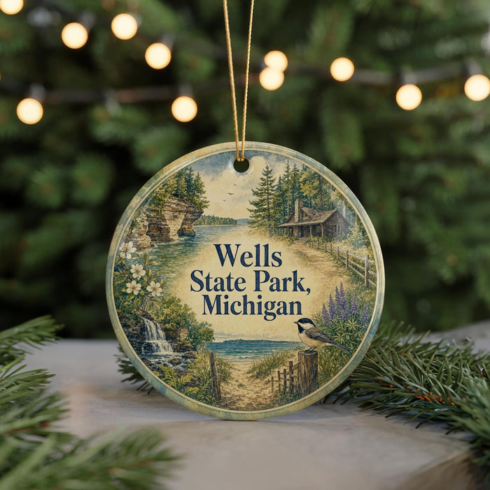 A circular ornament with a scenic illustration of Wells State Park, Michigan, featuring a bird, a waterfall, and a cabin in the background.