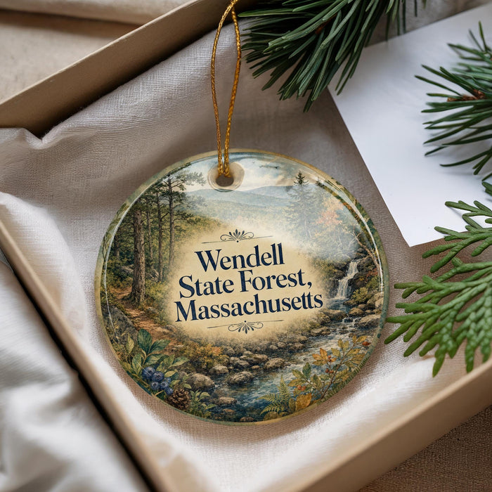 A round ornament with a forest scene and text, placed in a box with pine branches.