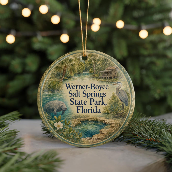 A round ornament with a scenic image of a pond and wildlife, including a bird, surrounded by greenery and a house, with the text "Werner-Boce Salt Springs State Park, Florida" displayed on it.