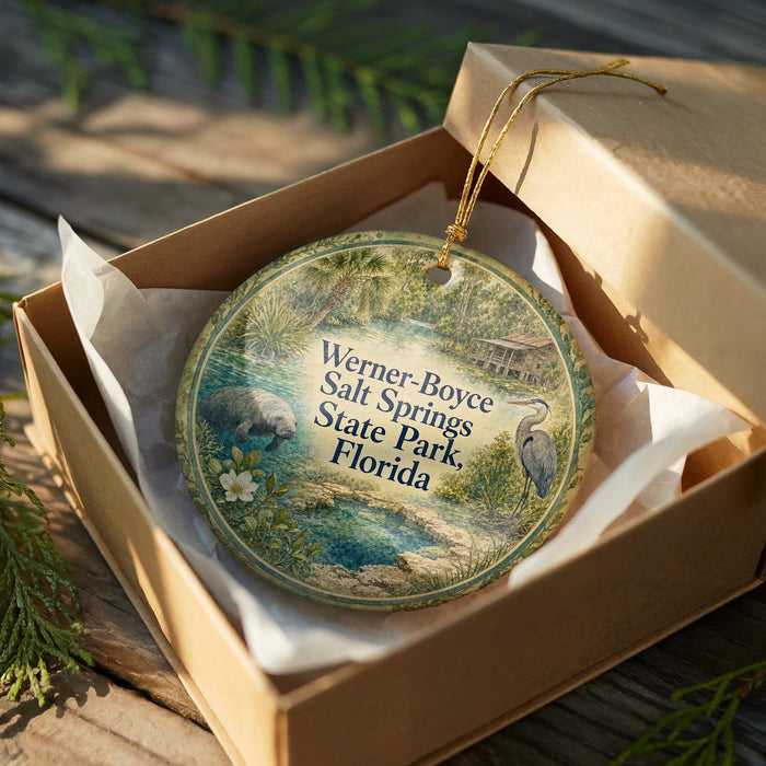 A round ornament in a box, featuring a scenic image of a pond with a bird and palm trees, along with the text "Werner-Boyce Salt Springs State Park, Florida".