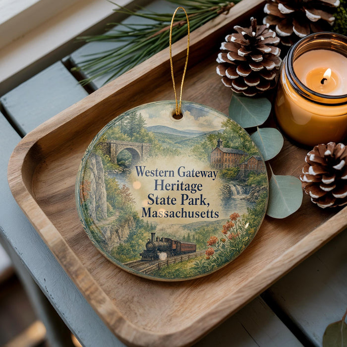 A decorative ornament featuring a scenic landscape with a train, surrounded by pine cones and a lit candle on a wooden tray.