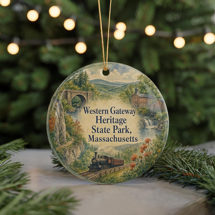 A round ornament with a scenic illustration of a train, bridge, and waterfall, surrounded by greenery, with the text "Western Gateway Heritage State Park, Massachusetts" displayed on it.