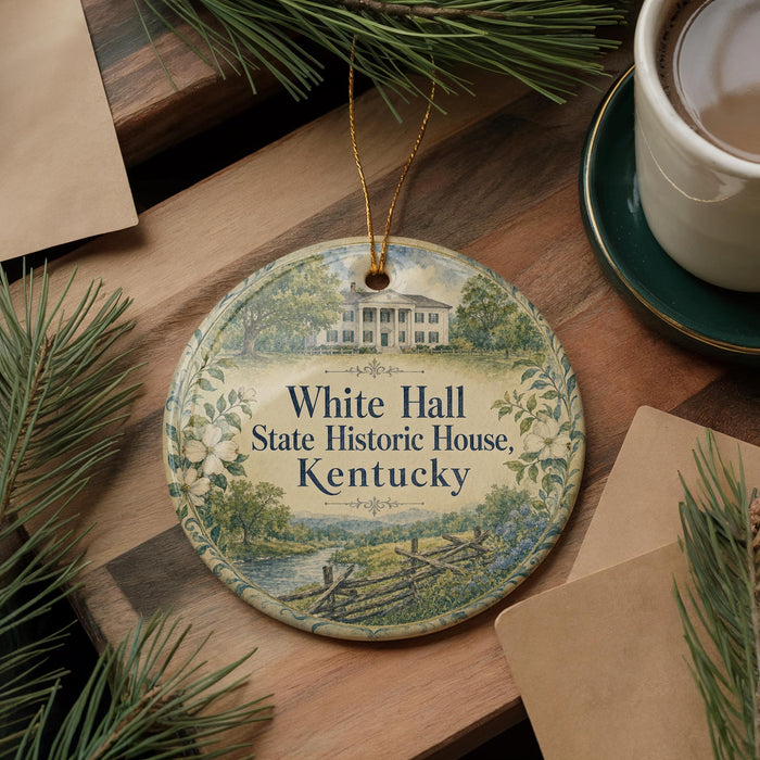 A decorative ornament with a house illustration and the text "White Hall State Historic House, Kentucky" is displayed on a wooden surface, accompanied by a cup of coffee and pine branches.