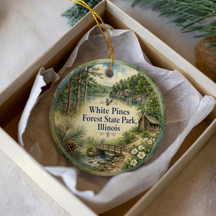 A decorative ornament in a white box, featuring a scenic landscape with pine trees, a lake, and a cabin.