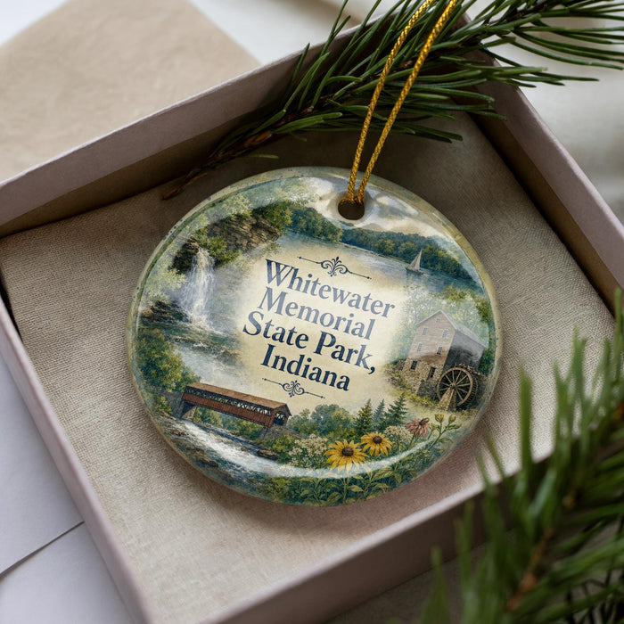 A decorative ornament in a box, featuring a scenic landscape with a waterfall, a bench, and a building, along with the text "Whewater Memorial State Park, Indiana".