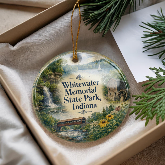 A decorative ornament with a scenic image of Whitewater Memorial Park, Indiana, hanging from a string.