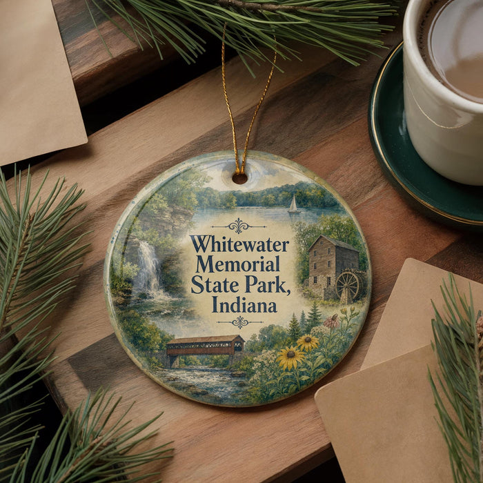 A decorative ornament featuring a scenic landscape with a waterfall, a bridge, and a house, along with the text "Whitewater Memorial State Park, Indiana".