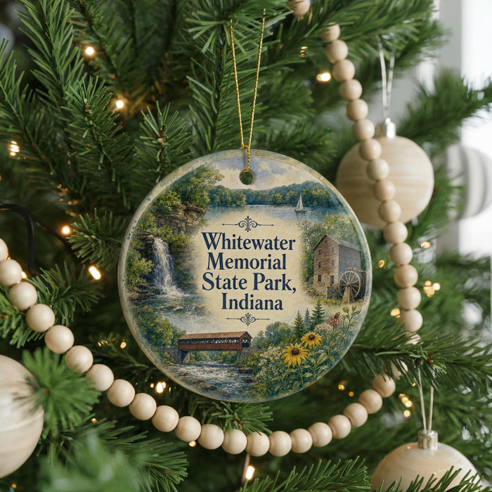 A round ornament hanging on a Christmas tree, featuring a scenic landscape with a waterfall, a bridge, and a barn.