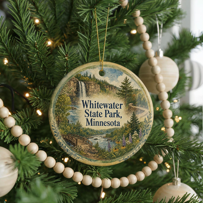 A circular ornament hanging on a Christmas tree, featuring a scenic landscape with a waterfall and pine trees.