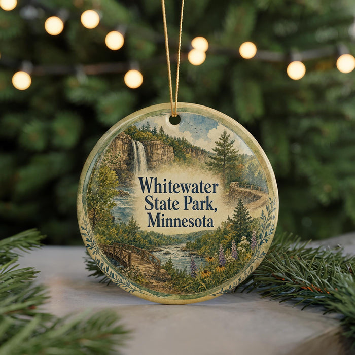 A circular ornament with a scenic landscape of Whitewater State Park, Minnesota, featuring a waterfall, forest, and a road.