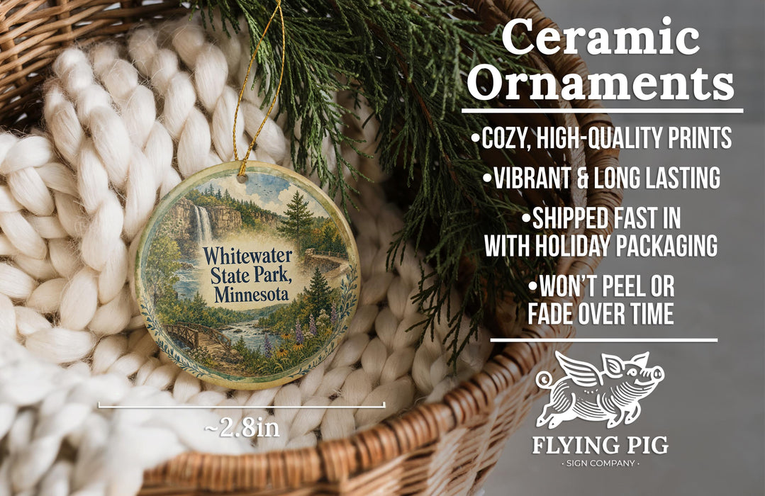 Ceramic ornaments, featuring a scenic image of Whitewater State Park, Minnesota, hanging from a wicker basket.