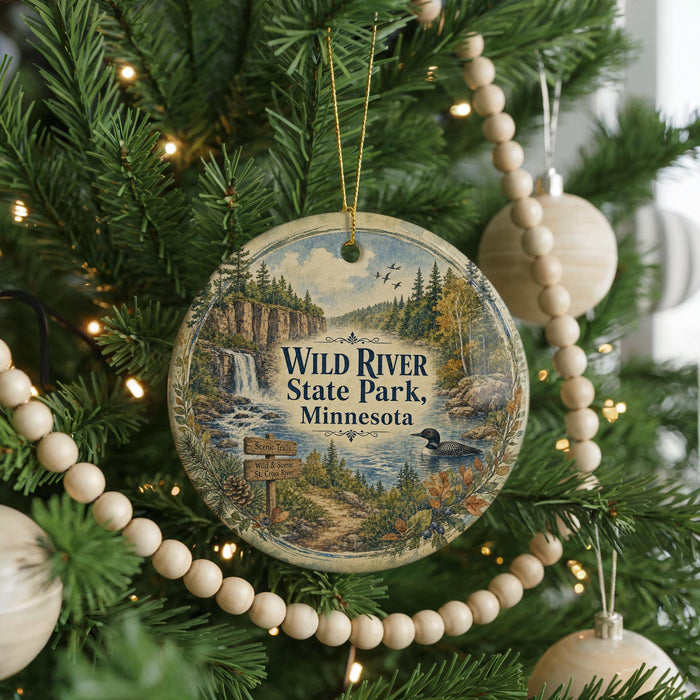A round ornament hanging on a Christmas tree, featuring a scenic image of Wild River State Park in Minnesota.