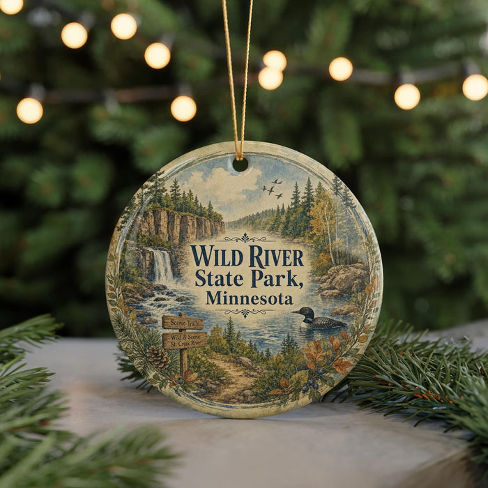 A round ornament featuring a scenic image of Wild River State Park, Minnesota, with a waterfall, forest, and birds in the background.