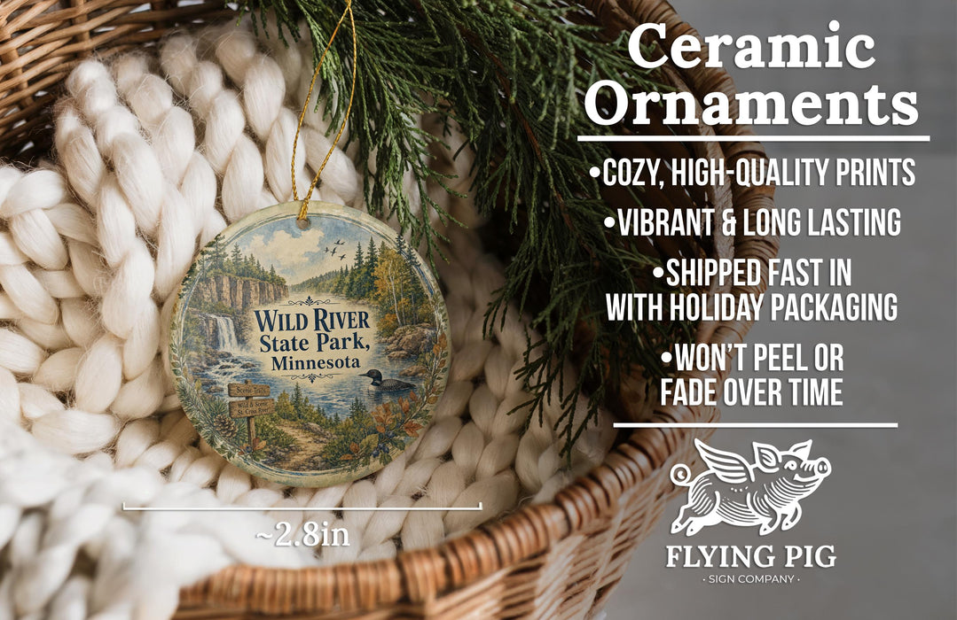 Ceramic ornaments, featuring a scenic image of Wild River State Park, Minnesota, hanging from a wicker basket.