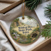 A decorative ornament with a scenic image of Wildcat Den State Park, Iowa, hanging from a string.